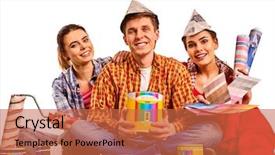  Presentation with building women - Slides enhanced with repair group of people building background and a red colored foreground