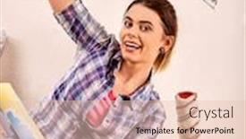  Presentation with home loan - Cool new theme with repair home woman holding paint roller for wallpaper aggressive screaming girl in newspaper cap renovation apartment on isolated tired of work as student loan for housing for students backdrop and a lemonade colored foreground