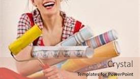 Presentation with home loan - Amazing PPT theme having repair home woman holding paint roller for wallpaper aggressive screaming girl in newspaper cap renovation apartment on isolated loan for housing for students woman likes repair apartment backdrop and a coral colored foreground