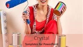 Presentation with paint roller - Colorful slide set enhanced with repair home woman holding paint roller for wallpaper girl in newspaper cap renovation apartment discounts for building materials students woman likes repair apartment backdrop and a coral colored foreground