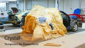  Presentation with repair shop - Cool new PPT theme with repair in body shop backdrop and a coral colored foreground