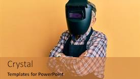  Presentation with face mask - PPT theme featuring repair-man-wearing-professional-welding background and a gold colored foreground