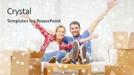  Presentation with repair - Slide deck with repair moving in and people concept - smiling couple relaxing on sofa and waving hands in new home background and a sky blue colored foreground