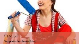  Presentation with inspiration - Beautiful presentation theme featuring repair painter woman holding paint roll brush for wallpaper female in newspaper cap with home tool instrument renovation apartment girl descended inspiration backdrop and a red colored foreground