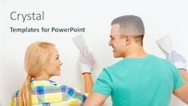  Presentation with home renovation - PPT theme enhanced with repair renovation and home concept - smiling couple doing renovations at home and looking at each other background and a sky blue colored foreground