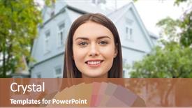  Presentation with home design - PPT layouts having repair renovation decoration design and people concept - smiling young woman with color swatches or samples over home background background and a red colored foreground