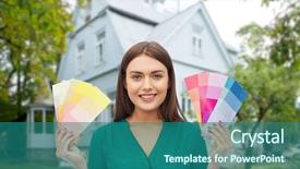  Presentation with home design - Audience pleasing presentation design consisting of repair renovation decoration design and people concept - smiling young woman with color swatches or samples over home background backdrop and a ocean colored foreground