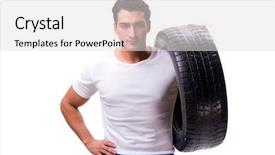  Presentation with tyre - Audience pleasing theme consisting of repair shop - handsome tyre repairman isolated backdrop and a light gray colored foreground