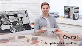  Presentation with giving - Theme featuring repairer in service center background and a soft green colored foreground