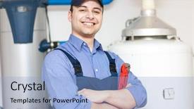  Presentation with plumber - Slide set having repairing an hot-water heater background and a light blue colored foreground