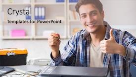  Presentation with printer machine - Beautiful theme featuring repairing broken printer fax machine backdrop and a coral colored foreground