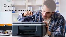  Presentation with printer machine - PPT theme enhanced with repairing broken printer fax machine background and a soft green colored foreground