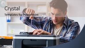  Presentation with printer machine - PPT theme featuring repairing broken printer fax machine background and a mint green colored foreground