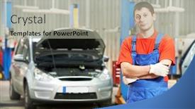  Presentation with auto - Colorful presentation design enhanced with repairman auto mechanic in garage backdrop and a light gray colored foreground