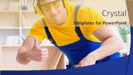  Presentation with carpenter - Presentation design with repairman carpenter cutting sawing a wooden board with an electr background and a yellow colored foreground