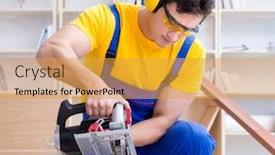  Presentation with carpenter - PPT theme featuring repairman-carpenter-cutting-sawing background and a yellow colored foreground