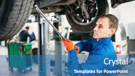  Presentation with suspension - PPT layouts enhanced with suspense - repairman checks the suspension car background and a teal colored foreground
