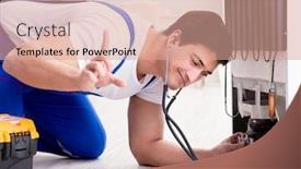  Presentation with diy - Theme with repairman-contractor-repairing-fridge background and a coral colored foreground