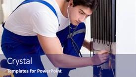  Presentation with diy - Audience pleasing PPT theme consisting of repairman-contractor-repairing-fridge backdrop and a navy blue colored foreground