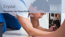  Presentation with fridge - Theme with repairman-contractor-repairing-fridge background and a light blue colored foreground