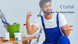  Presentation with renovation - Slides featuring repairman doing renovation repair in the house with paper wallpa background and a sky blue colored foreground