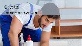  Presentation with renovation - Slide set consisting of meter roll - repairman doing renovation repair background and a light blue colored foreground