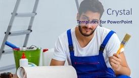  Presentation with renovation - Slide deck having repairman doing renovation repair in the house with paper wallpaper background and a sky blue colored foreground