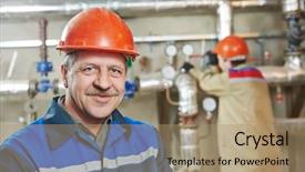  Presentation with hvac system - Colorful PPT theme enhanced with repairman engineer of fire engineering backdrop and a coral colored foreground