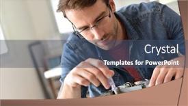  Presentation with instruction set - Audience pleasing presentation theme consisting of repairman fixing tv set backdrop and a ocean colored foreground