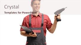  Presentation with drill - PPT theme consisting of repairman holding a clipboard background and a lemonade colored foreground