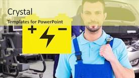  Presentation with engine - Colorful presentation design enhanced with repairman holding adjustable wrench against mechanic leaning on a car looking at the engine backdrop and a yellow colored foreground