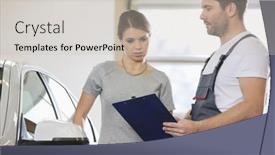  Presentation with repair shop - Audience pleasing presentation theme consisting of repairman-holding-clipboard-while-conversing backdrop and a  colored foreground