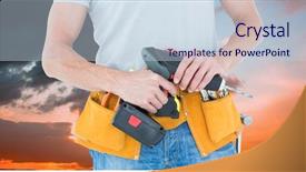  Presentation with blue orange - Presentation theme enhanced with repairman holding handheld drill against orange and blue sky with clouds background and a sky blue colored foreground