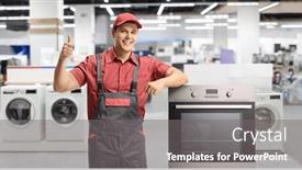 Presentation with next - Presentation theme with repairman-in-a-uniform-standing background and a gray colored foreground