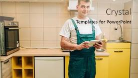  Presentation with handyman - Theme enhanced with repairman in uniform holds laptop handyman background and a soft green colored foreground