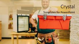  Presentation with handyman - Audience pleasing slide deck consisting of repairman in uniform holds toolbox backdrop and a yellow colored foreground
