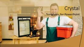  Presentation with security and drivers uniform - Slide deck having repairman in uniform holds toolbox background and a yellow colored foreground