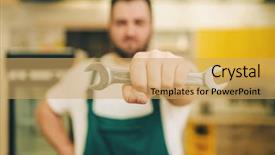  Presentation with handyman - Cool new PPT layouts with repairman in uniform holds wrench backdrop and a yellow colored foreground