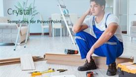  Presentation with flooring - Slide deck enhanced with repairman laying laminate flooring at home background and a light blue colored foreground