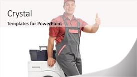  Presentation with china clothes washing machine - Cool new PPT theme with repairman leaning on a washing backdrop and a sky blue colored foreground