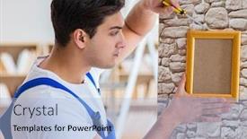  Presentation with picture frame - PPT theme consisting of repairman-putting-picture-frame-onto background and a light blue colored foreground