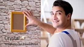  Presentation with picture frame - PPT layouts consisting of repairman putting picture frame onto background and a coral colored foreground