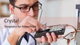  Presentation with hard disk drive - Colorful PPT theme enhanced with repairman repairing broken hard drive backdrop and a coral colored foreground