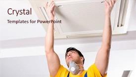  Presentation with air conditioning - Audience pleasing PPT theme consisting of repairman repairing ceiling air conditioning backdrop and a  colored foreground