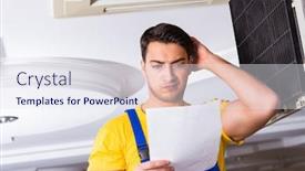  Presentation with air conditioning - Colorful slides enhanced with repairman repairing ceiling air conditioning unit backdrop and a sky blue colored foreground