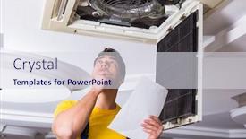  Presentation with air conditioning - PPT theme featuring repairman repairing ceiling air conditioning unit background and a sky blue colored foreground