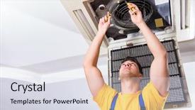  Presentation with compressor - Slide deck consisting of repairman repairing ceiling air conditioning background and a sky blue colored foreground