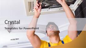  Presentation with compressor - Audience pleasing PPT layouts consisting of repairman repairing ceiling air conditioning backdrop and a light gray colored foreground