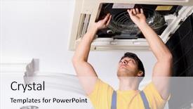  Presentation with air conditioning - Audience pleasing presentation consisting of repairman repairing ceiling air conditioning backdrop and a sky blue colored foreground
