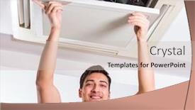  Presentation with air conditioning - Amazing presentation theme having repairman repairing ceiling air conditioning unit backdrop and a soft green colored foreground